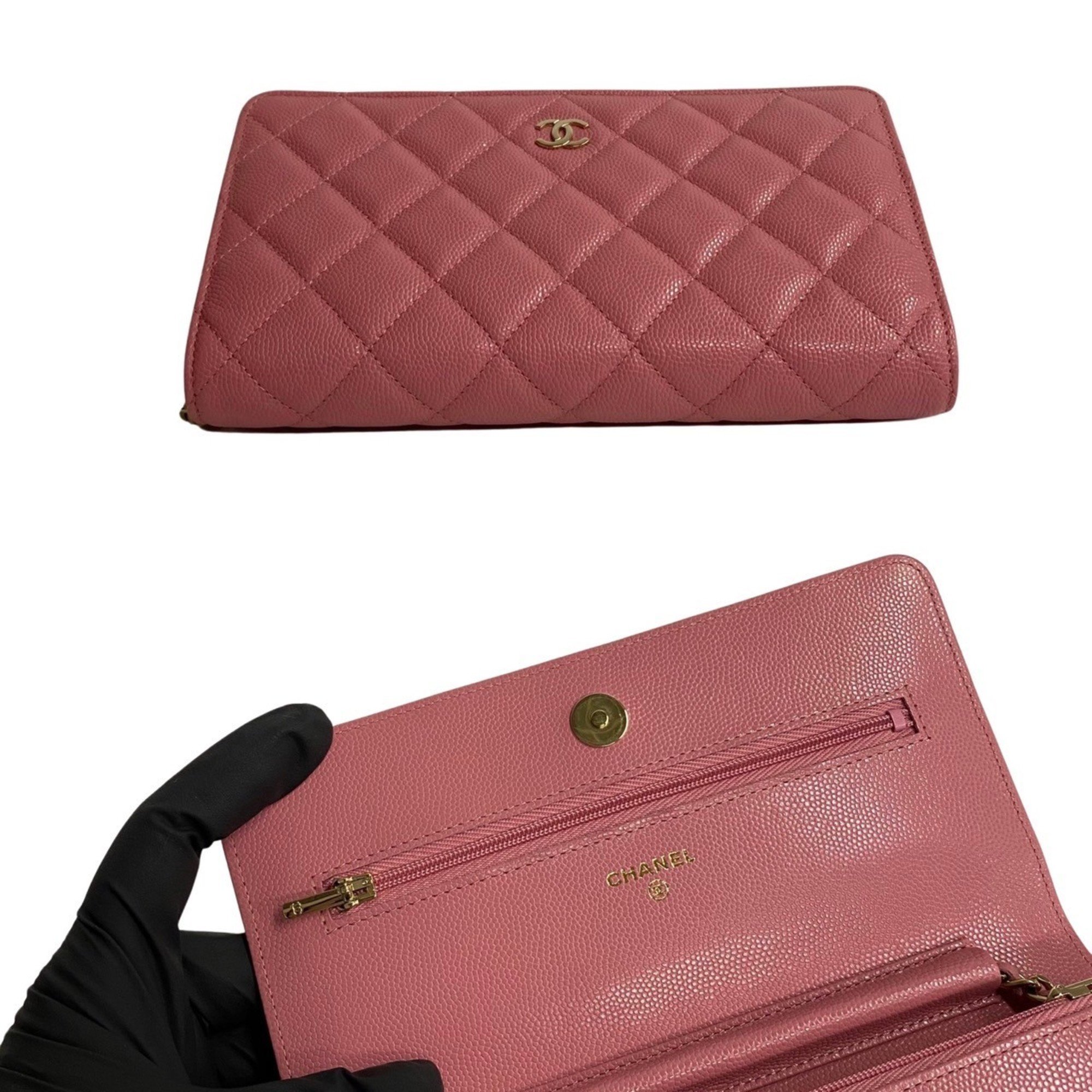 CHANEL Caviar Skin Matelasse Leather Chain Shoulder Bag Wallet Pink 15560
