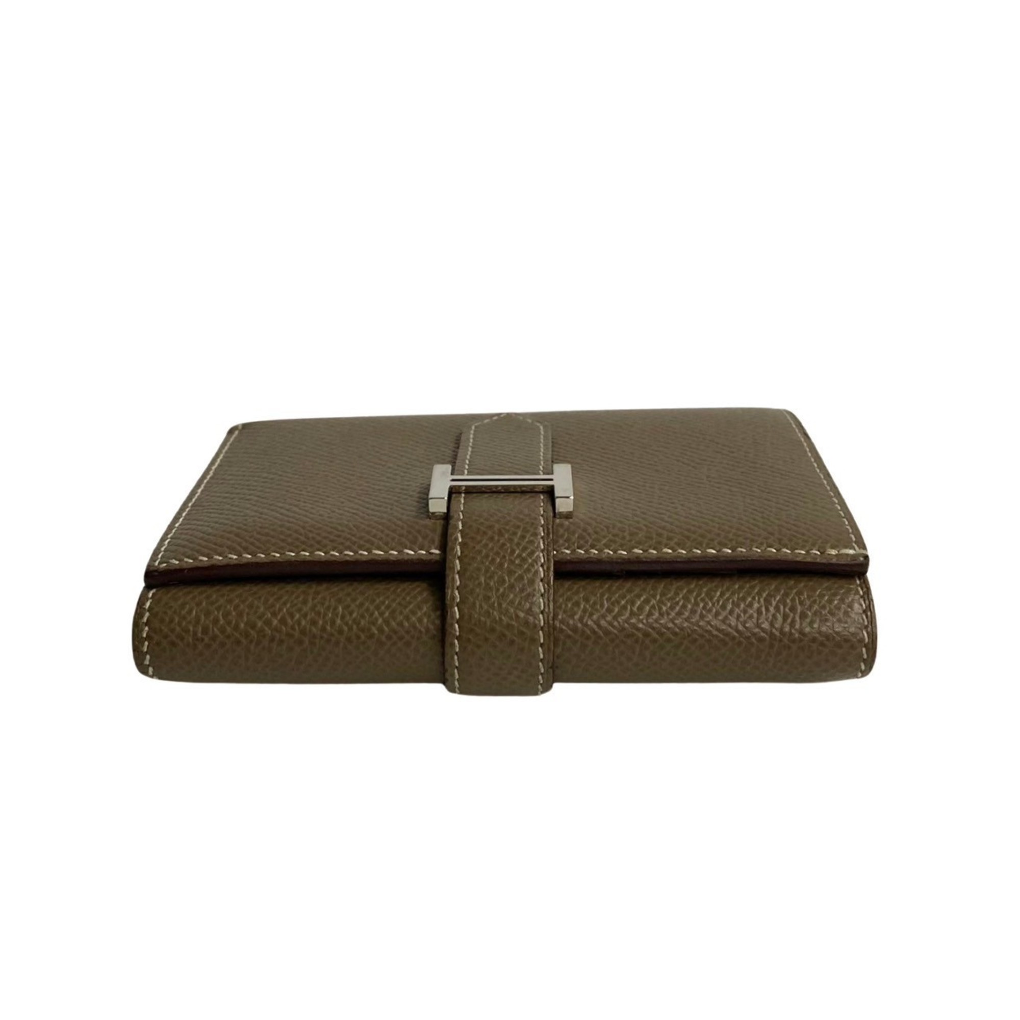 HERMES Bearn Combination Epson Leather Tri-fold Wallet Compact Greige 16003