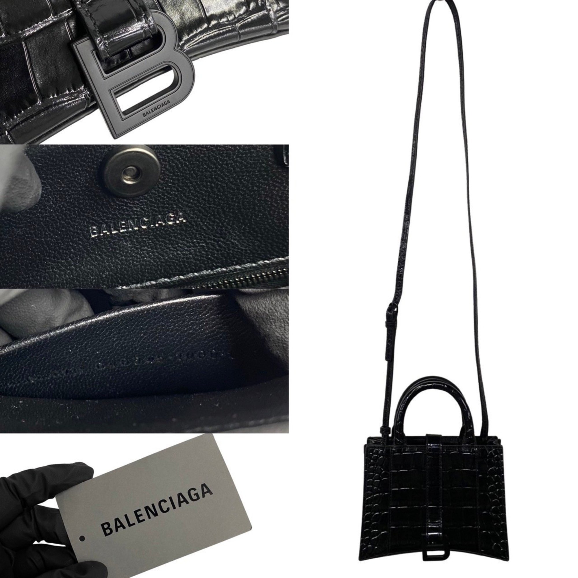 BALENCIAGA Hourglass XS, metal fittings, leather, 2way, handbag, shoulder bag, black, 20071