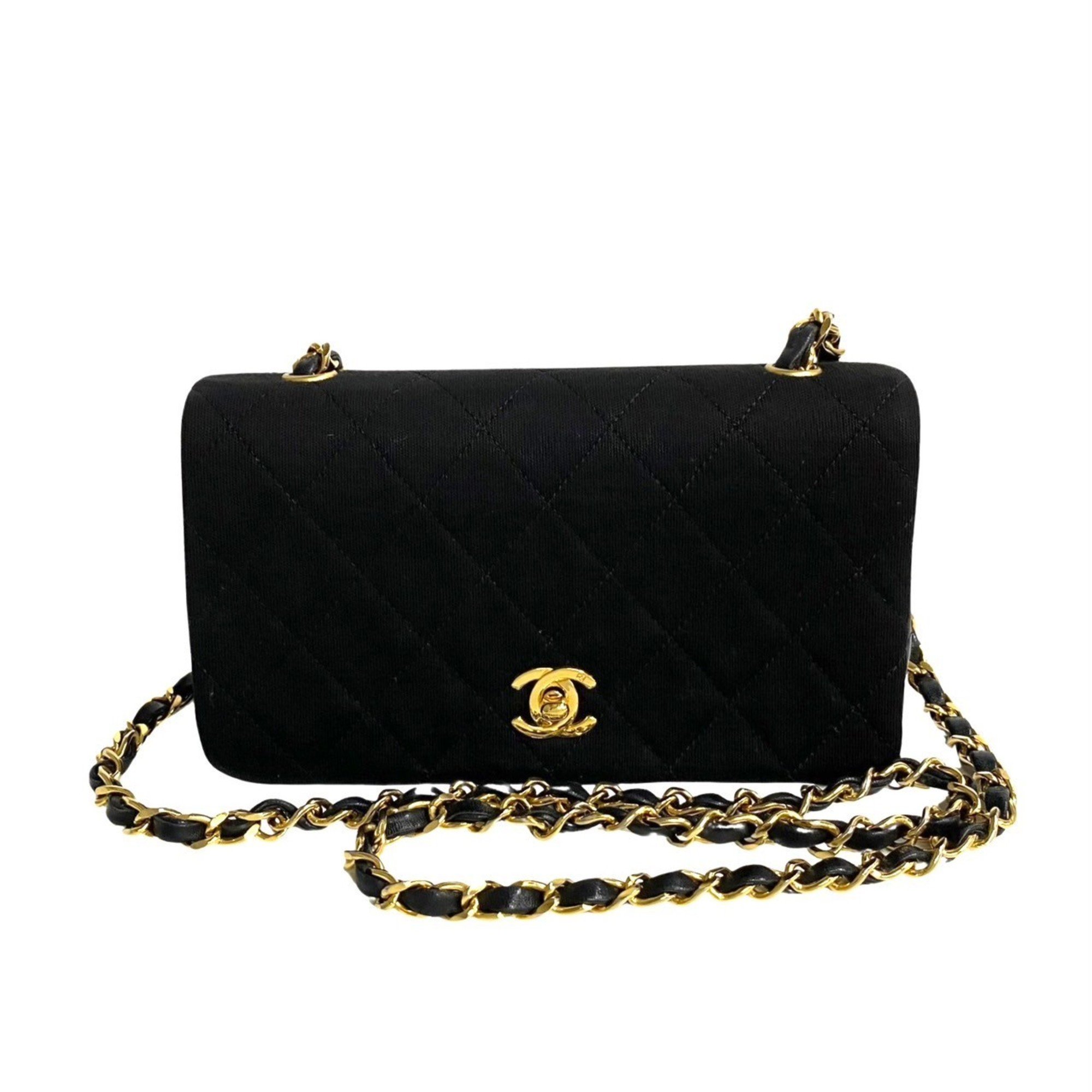 CHANEL Matelasse Cotton Lambskin Turnlock Full Flap Chain Shoulder Bag Black 73960