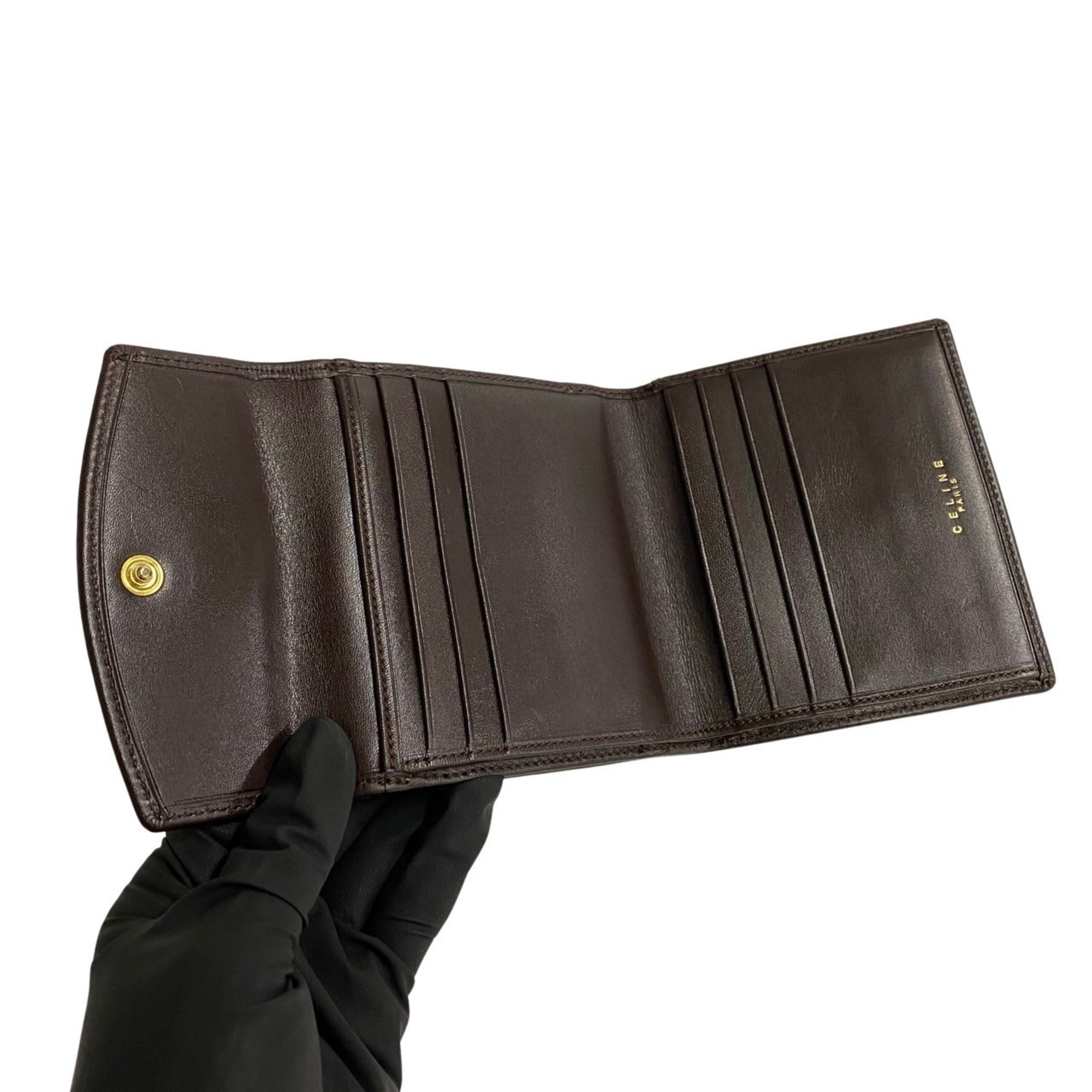 CELINE Circle metal fittings, calf leather, W bi-fold wallet, brown, 03104