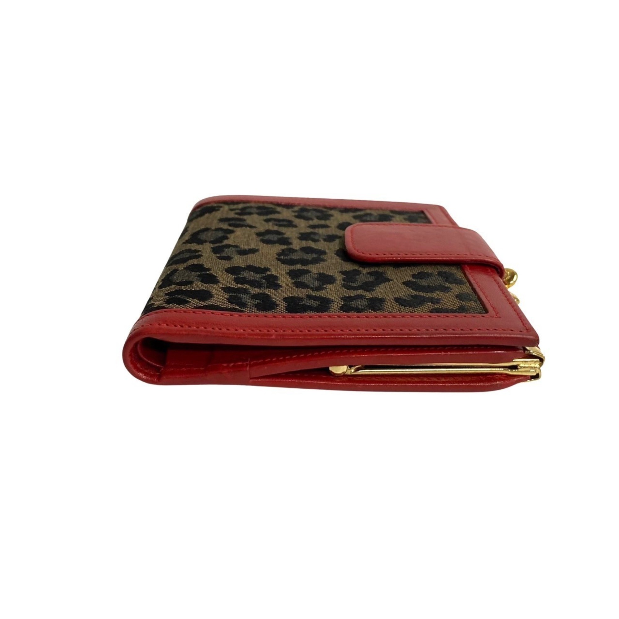 FENDI Leopard Print Leather Canvas Bi-Fold Wallet Red Khaki 36249