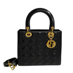 Christian Dior Lady Cannage Patent Leather 2way Handbag Shoulder Bag Black k5008