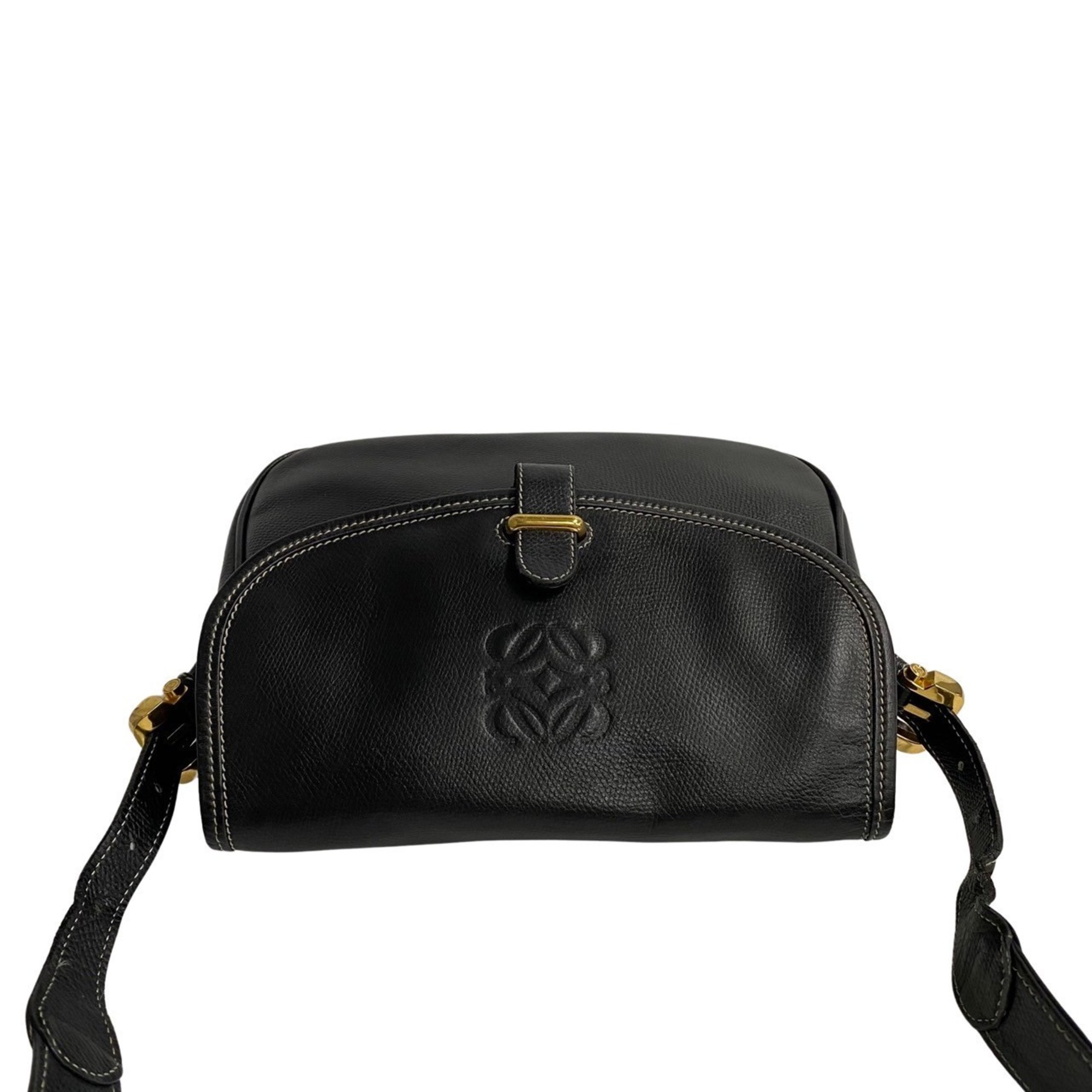 LOEWE Anagram Leather Stitched Shoulder Bag Pochette Sacoche Black 64880
