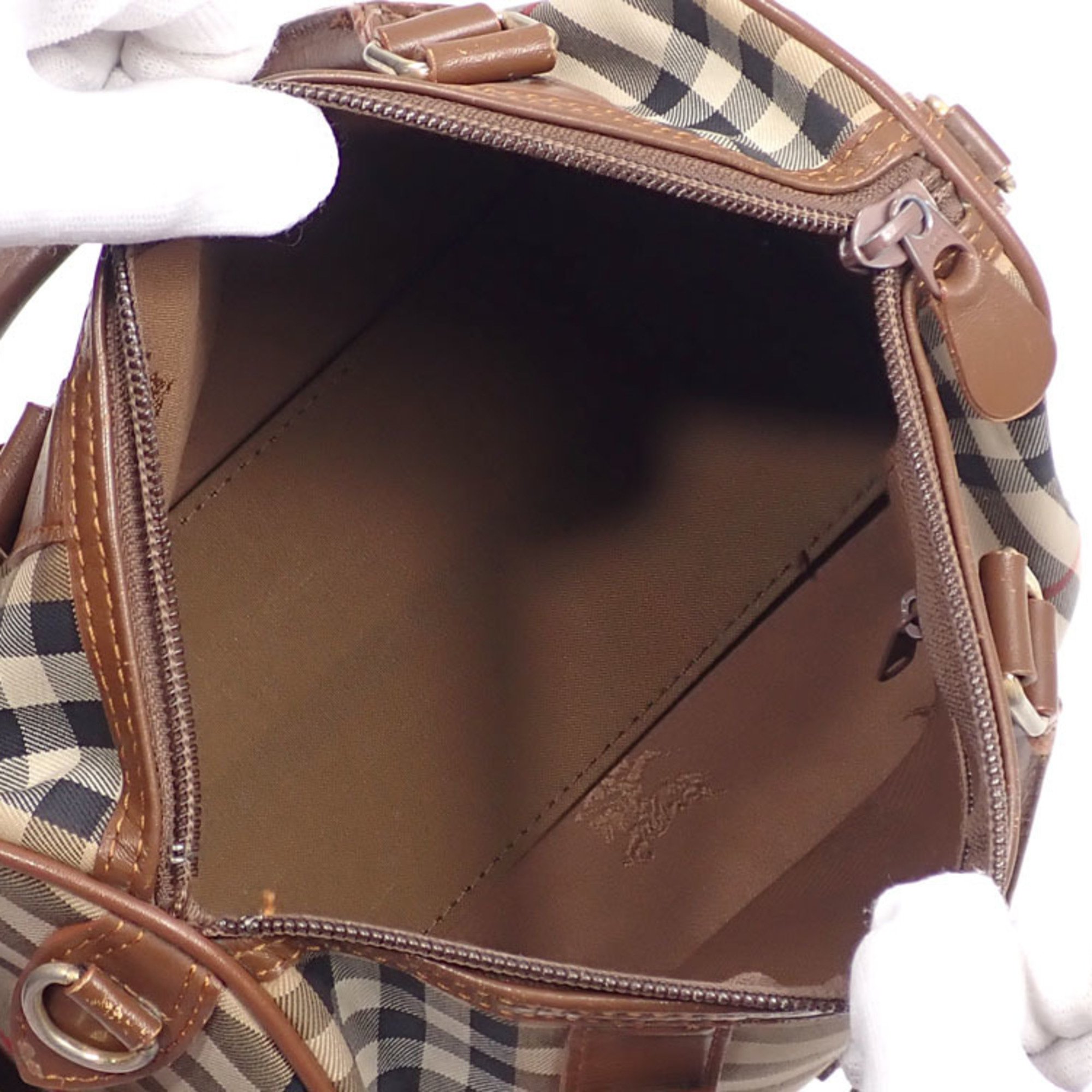 Burberry's Boston Bag Women's Brown Beige Canvas Leather Hand Plaid Pattern A6047067