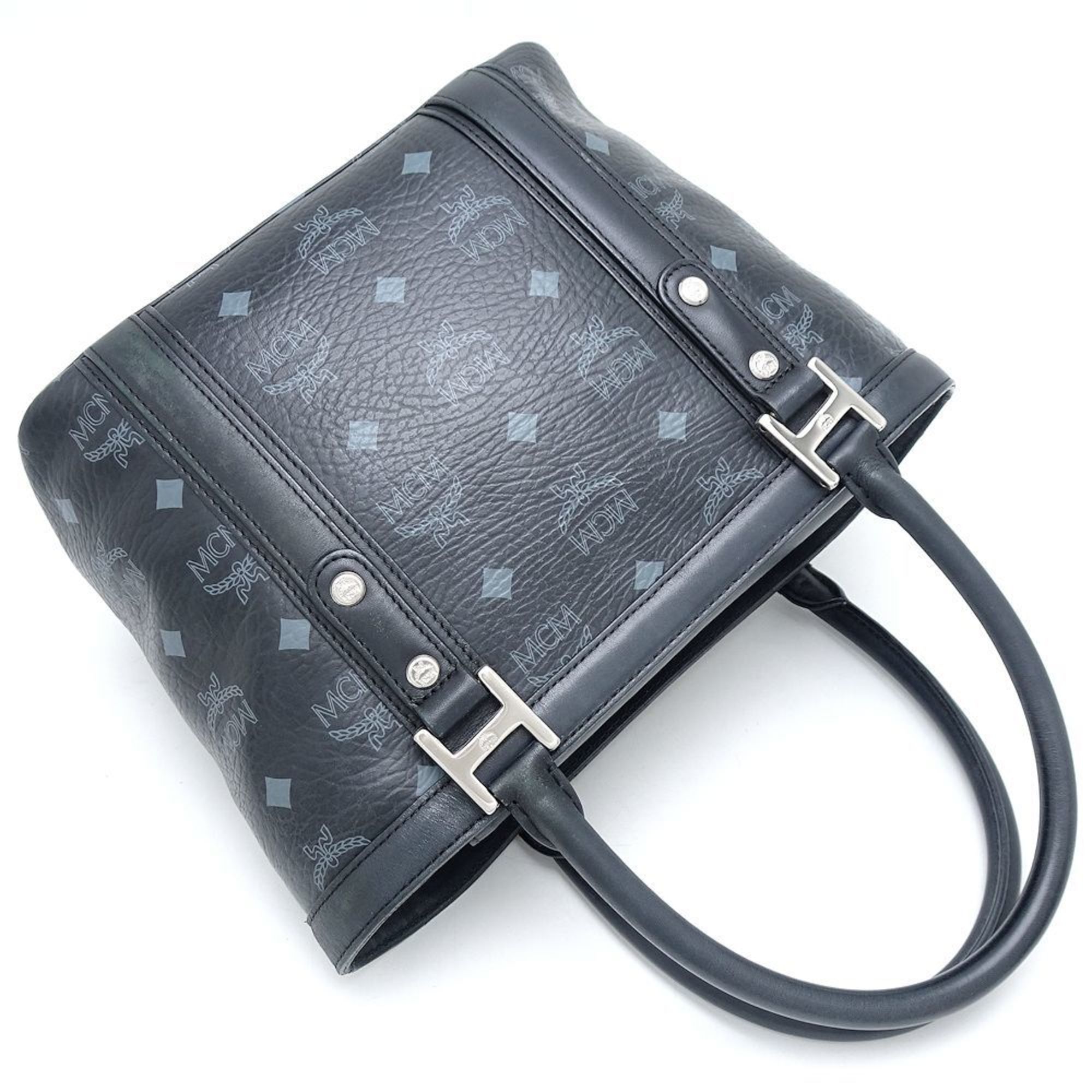 MCM Handbag Coated Canvas x Leather Black Grey 351116