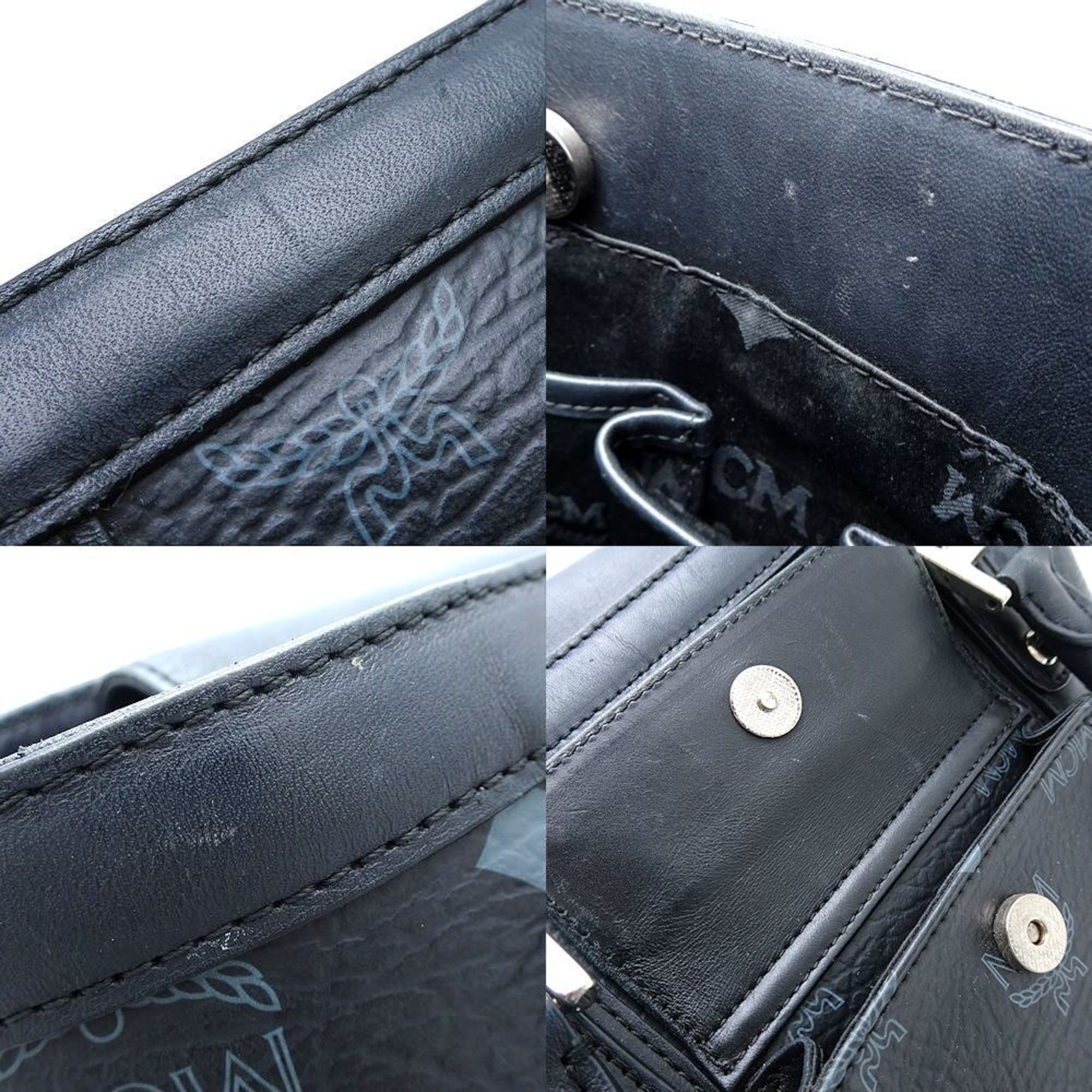 MCM Handbag Coated Canvas x Leather Black Grey 351116