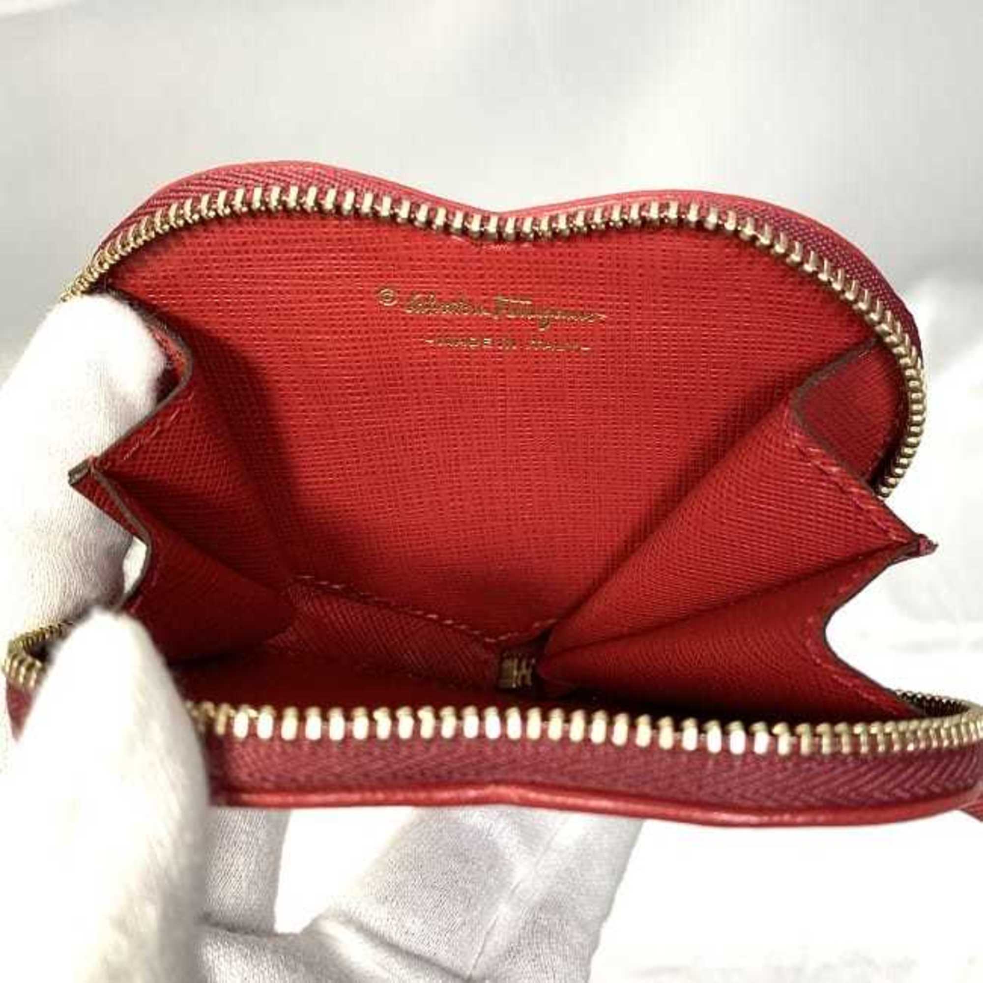 Salvatore Ferragamo Heart Coin Case Red Wallet Purse Leather LOVE Rhinestone Pouch