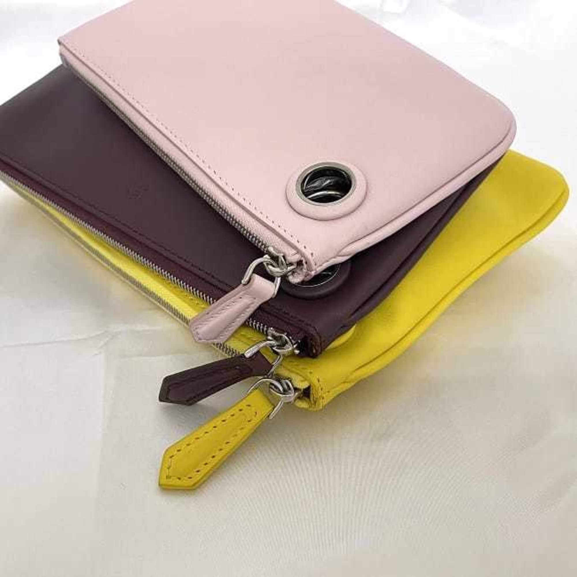 FENDI Clutch Bag Triplet Pouch Pink Bordeaux Yellow 8BS001 ec-19958 Handbag Leather F's Compact Ladies