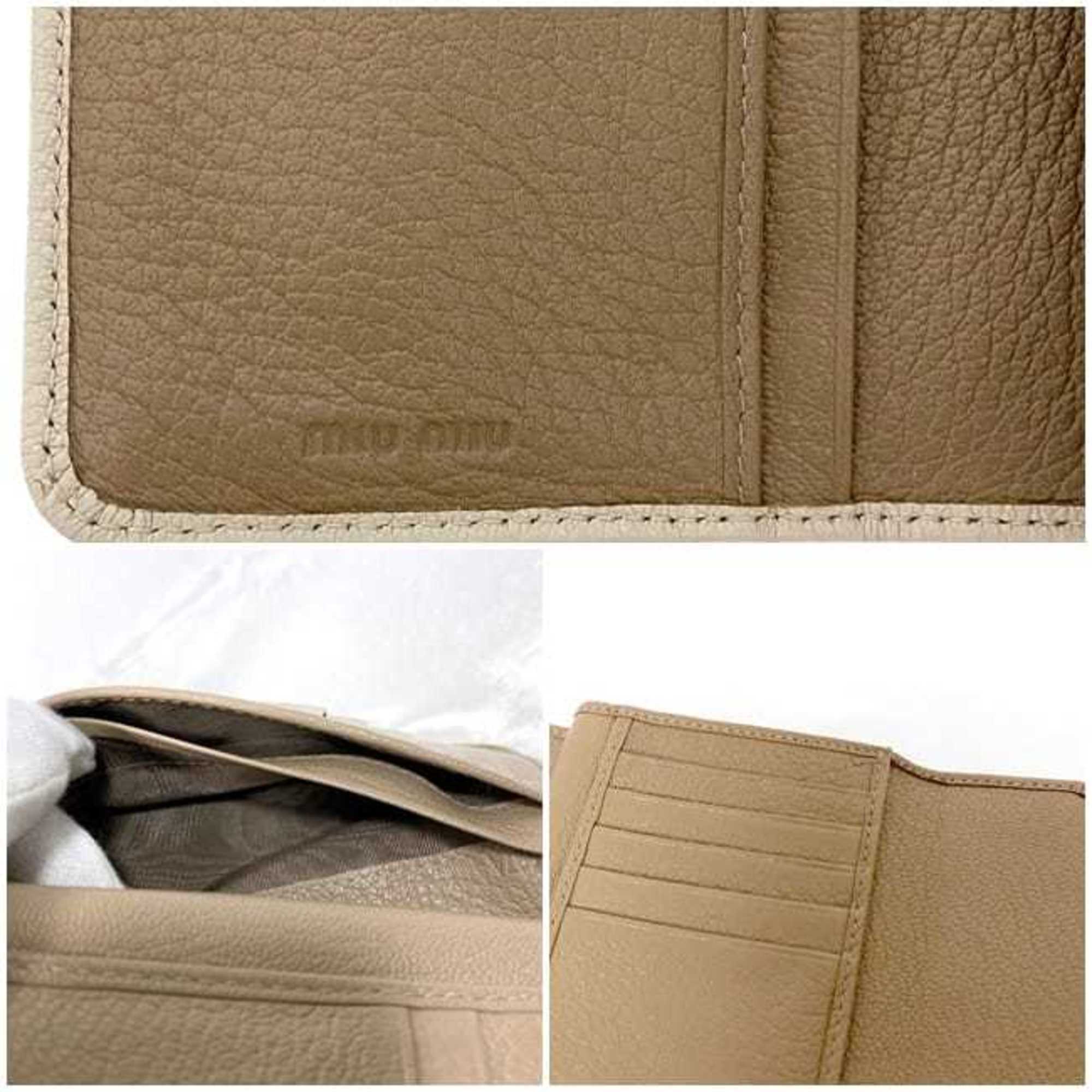 Miu Miu Miu Trifold Wallet Beige Brown L-shaped Leather miu Bicolor Women's Compact