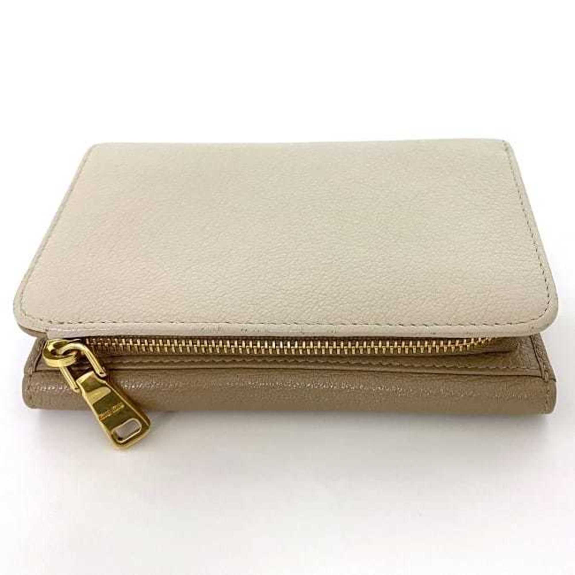 Miu Miu Miu Trifold Wallet Beige Brown L-shaped Leather miu Bicolor Women's Compact