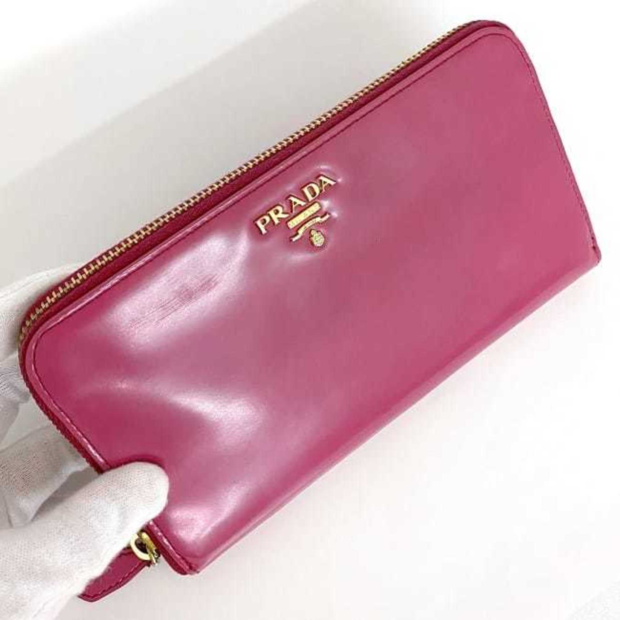 Prada Round Long Wallet Pink 1M0506 ec-19896 Leather PRADA Gold Ladies