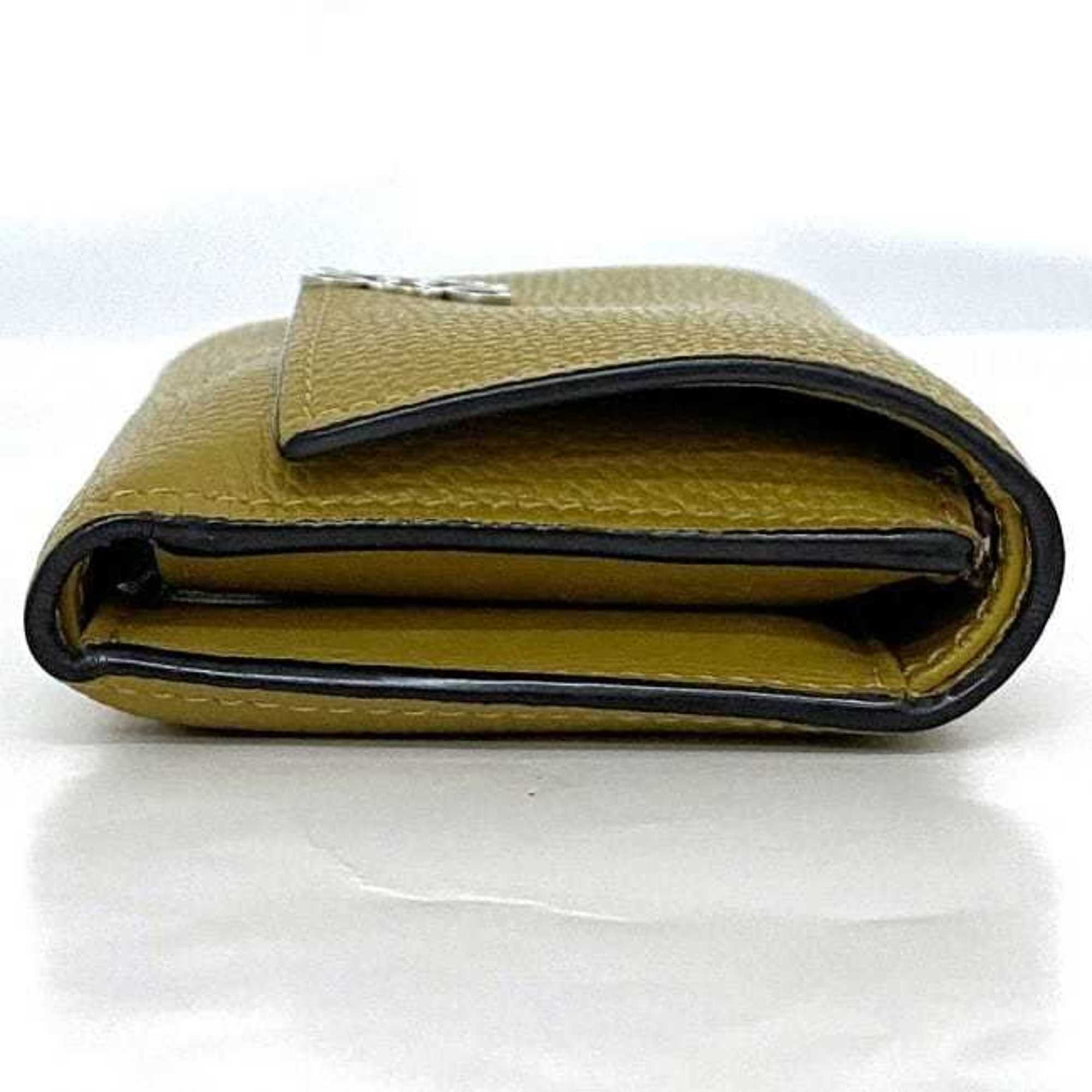 LOEWE Tri-fold Wallet Small Vertical Yellow Khaki Anagram Leather Compact Grained Women's