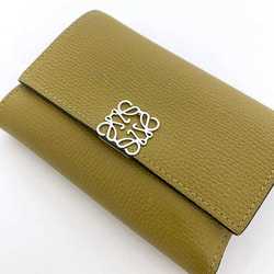 LOEWE Tri-fold Wallet Small Vertical Yellow Khaki Anagram Leather Compact Grained Women's