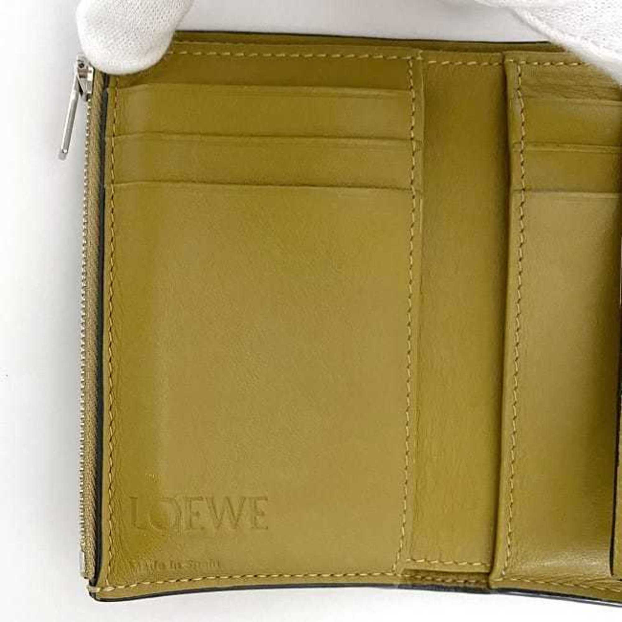 LOEWE Tri-fold Wallet Small Vertical Yellow Khaki Anagram Leather Compact Grained Women's