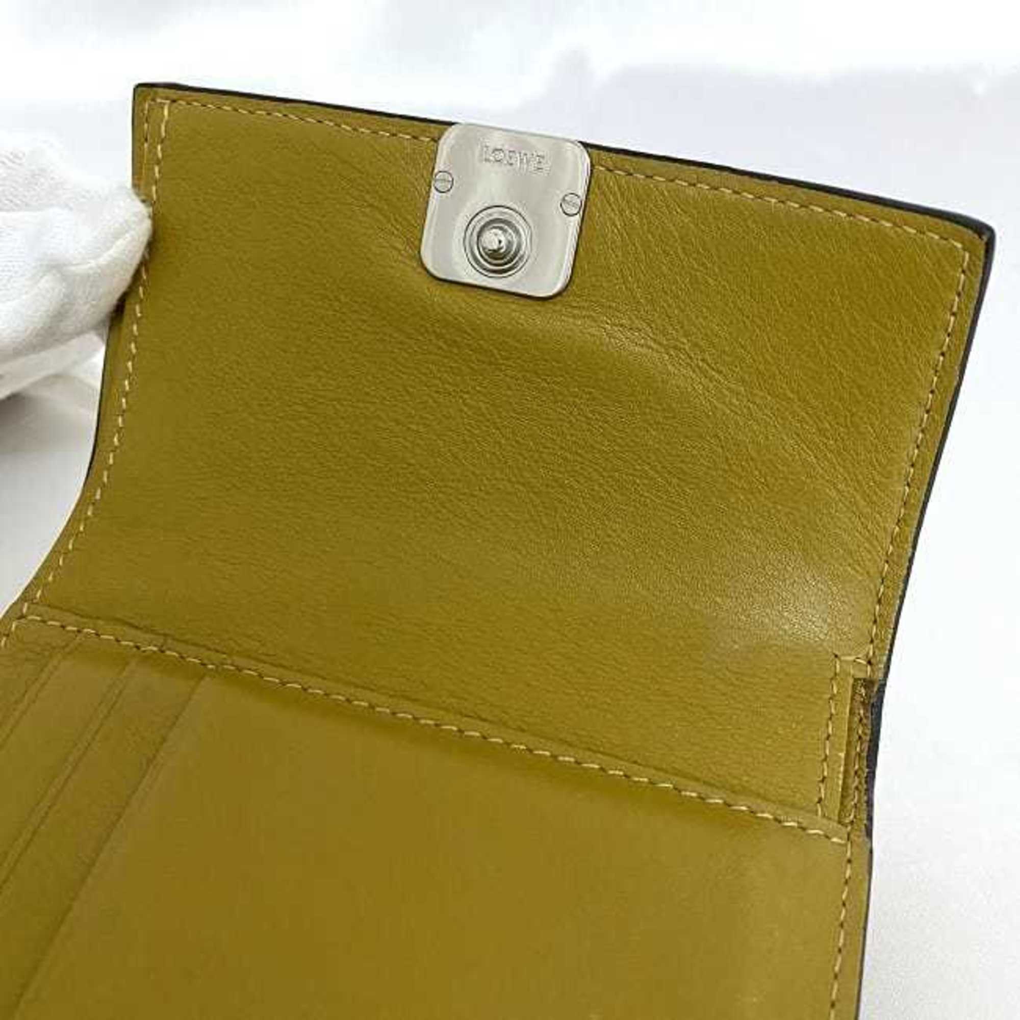 LOEWE Tri-fold Wallet Small Vertical Yellow Khaki Anagram Leather Compact Grained Women's