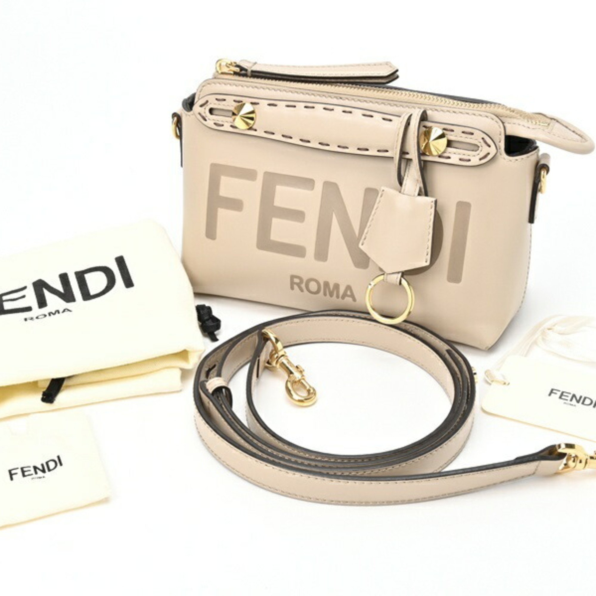 FENDI By the Way Boston Bag Small 8BL145 Leather Greige E-155333