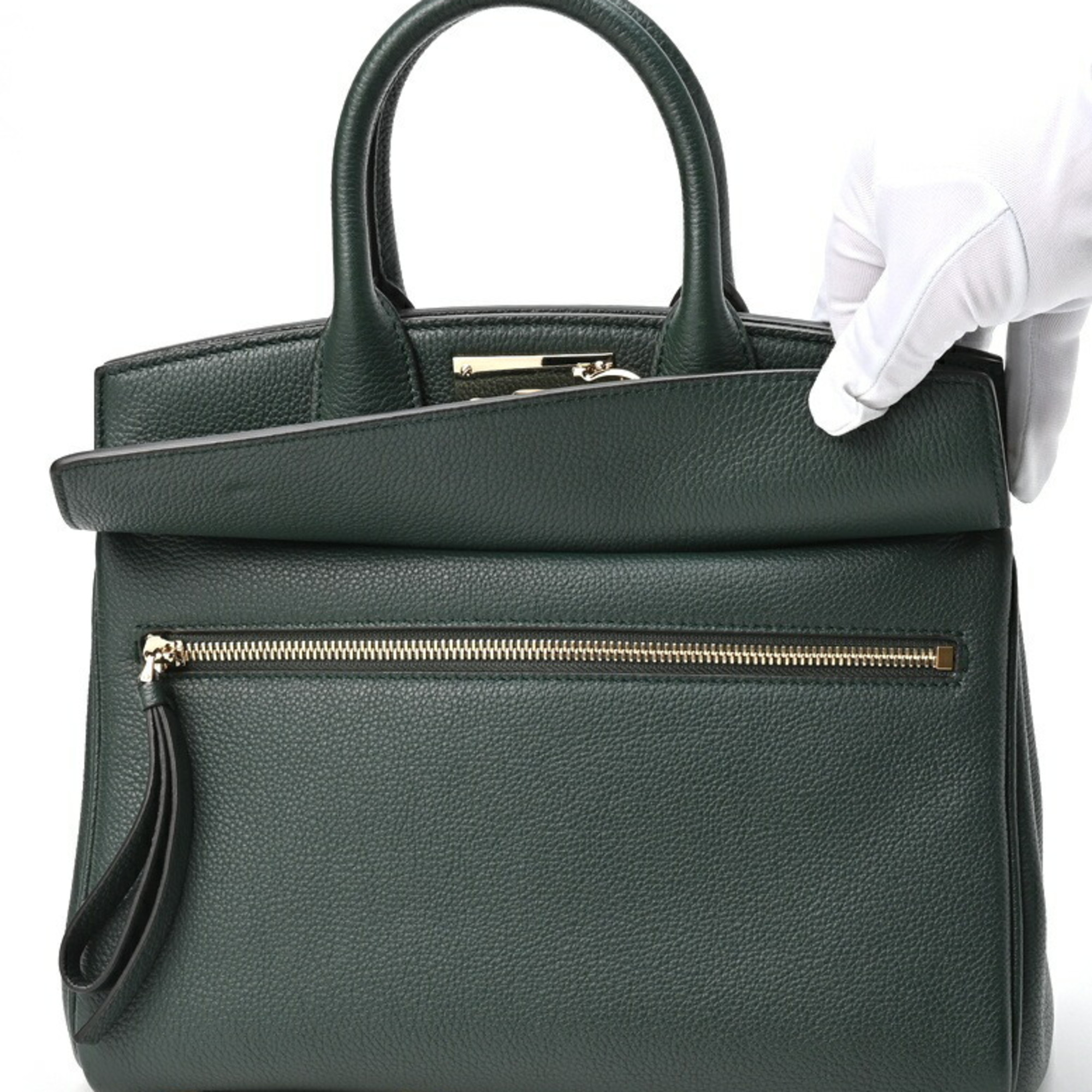 Salvatore Ferragamo FERRAGAMO Studio Bag Small 21H159 Embossed Leather Green S-155366