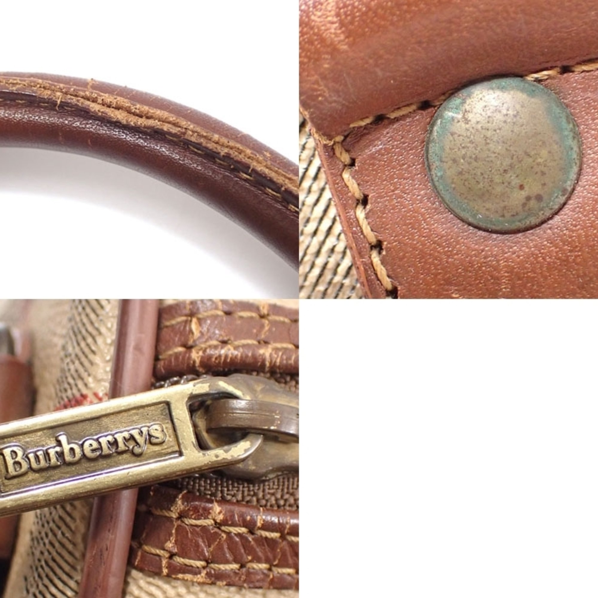 Burberry's Boston Bag Brown Beige PVC Leather Hand Plaid Pattern Women's Men's A6047066