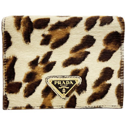 Prada Wallet Triangle Bifold Harako Leather Brown Light Beige PRADA Plate Leopard Print Animal Compact NN-13055