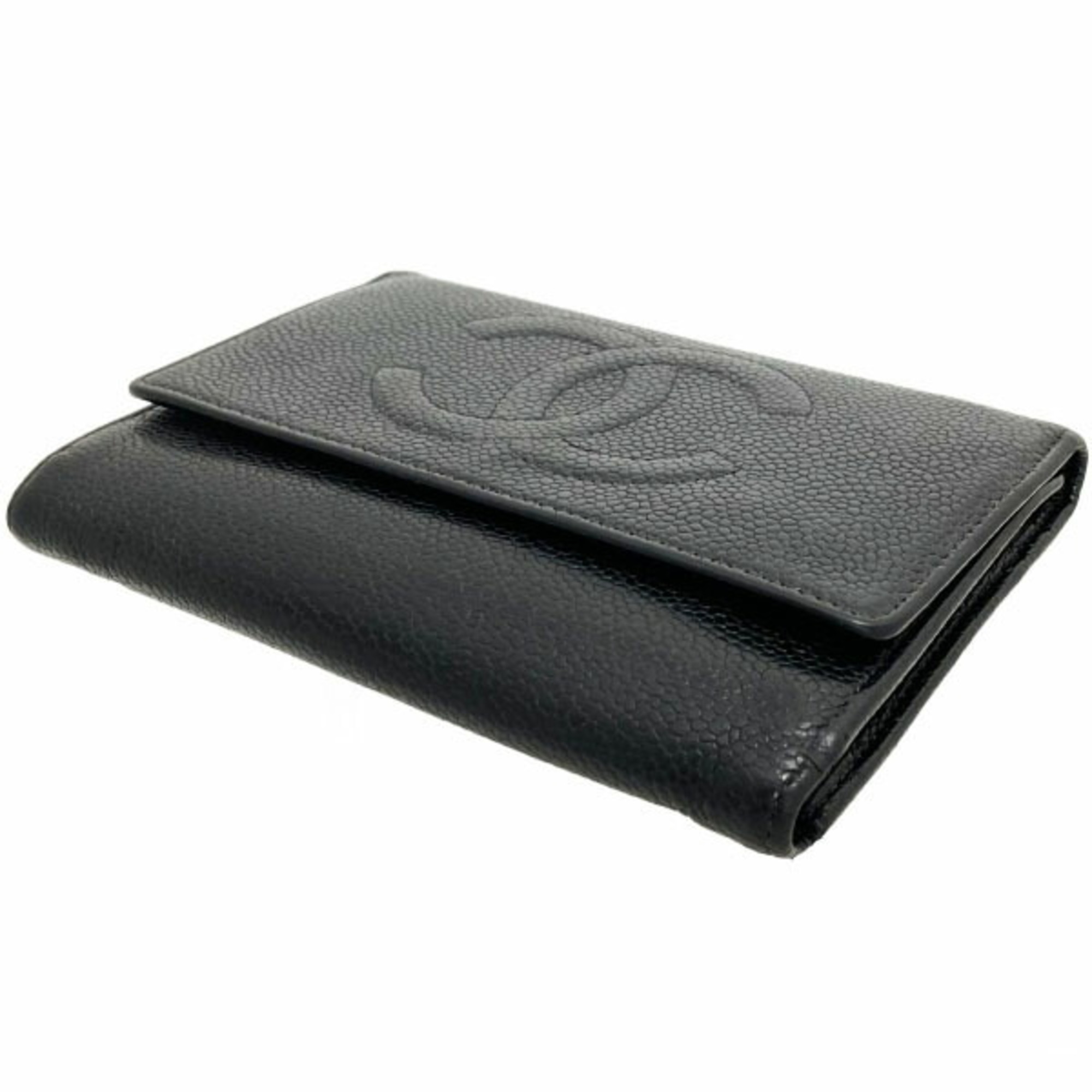 CHANEL Wallet Coco Mark Trifold Caviar Skin Leather Black A13225 CC Medium Middle Women's RR-13147