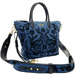 Prada Bag Corsaire Denim Embroidery Tote Canvas Leather Blue PRADA Flower Shoulder Crossbody Handbag Backpack SHS-12987