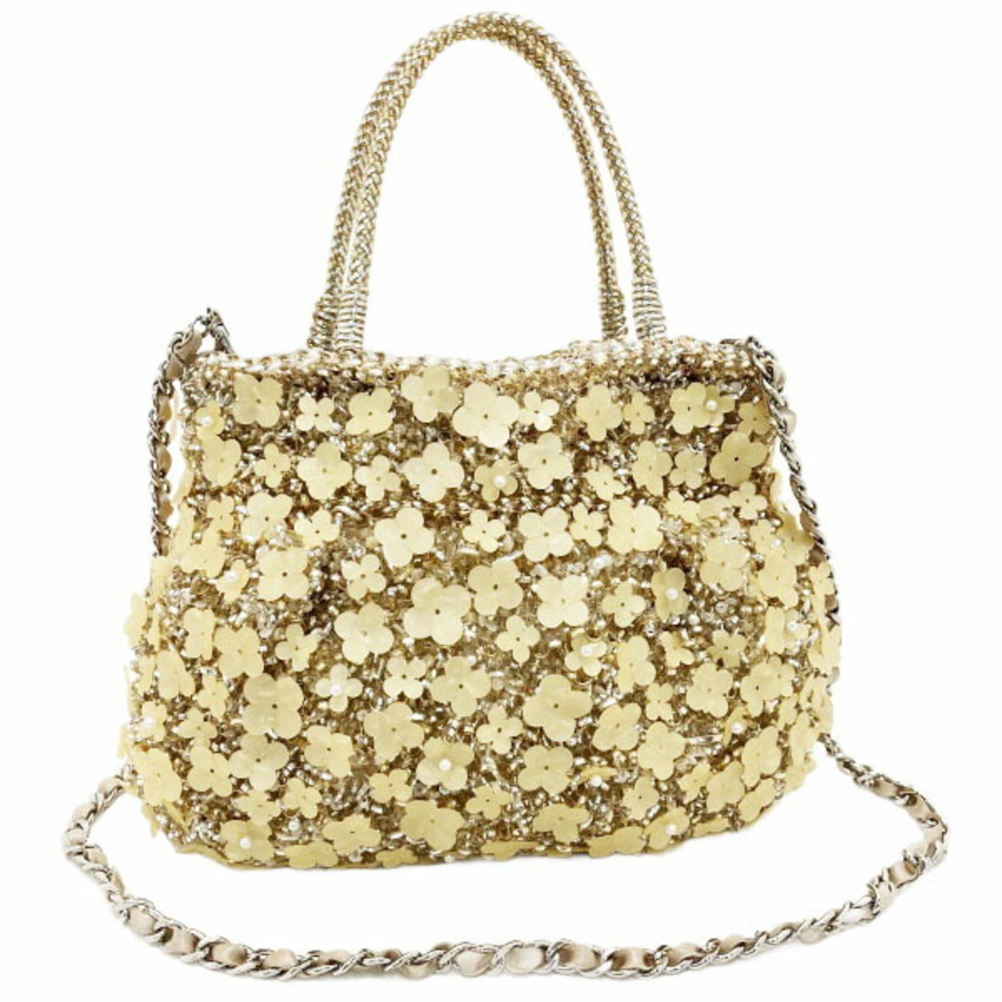 ANTEPRIMA Bag Fiori Perlati Wire Silver Gold PVC Beads Satin PB12SJ6044 Flower Motif Handbag Tote Shoulder Back SS-12812