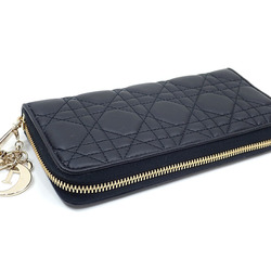 Christian Dior Round Long Wallet Lady Voyageur Women's Black Lambskin S0007ONMJ_M900 Cannage Leather A6047120