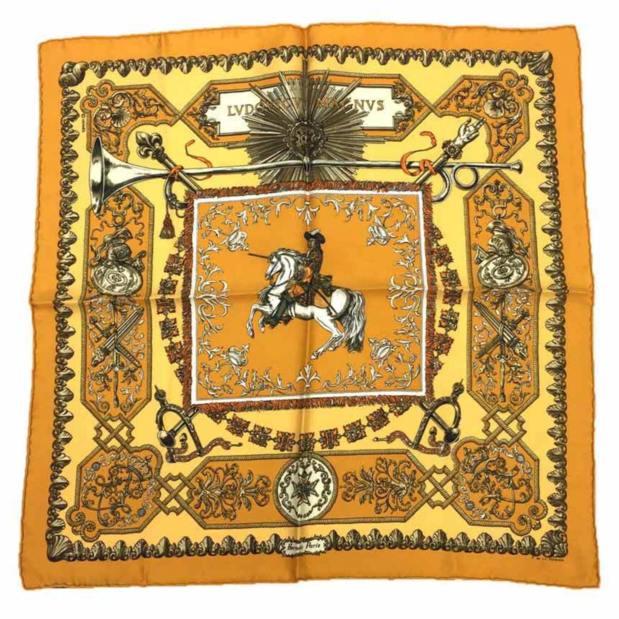 HERMES Hermes Scarf Muffler Carre 45 VDOVICVS MAGNVS Louis XIV on a White Horse Yellow 100% Silk