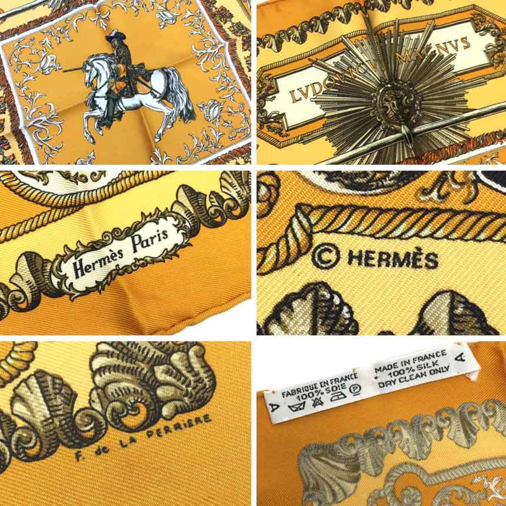 HERMES Hermes Scarf Muffler Carre 45 VDOVICVS MAGNVS Louis XIV on a White Horse Yellow 100% Silk