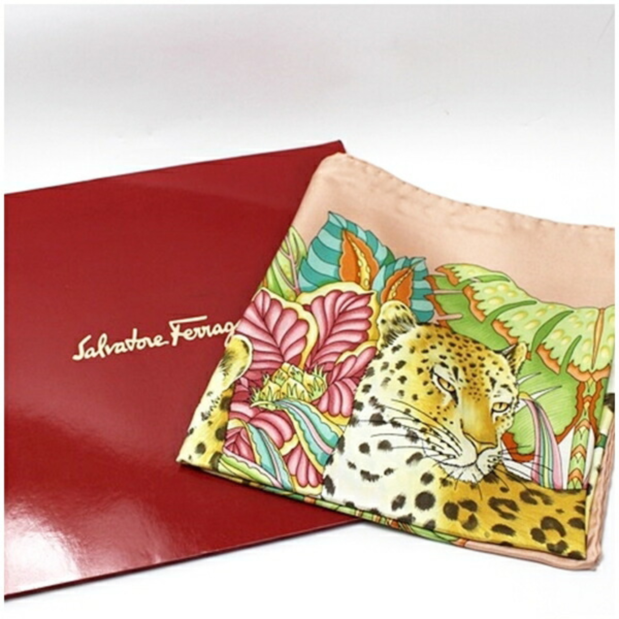 Salvatore Ferragamo Silk Scarf Muffler Pink Leopard Print Women's Paper