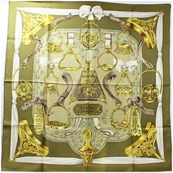 Hermes Silk Scarf Muffler Carre 90 "ETRIERS" Armor Pattern Horse Harness Khaki Women's