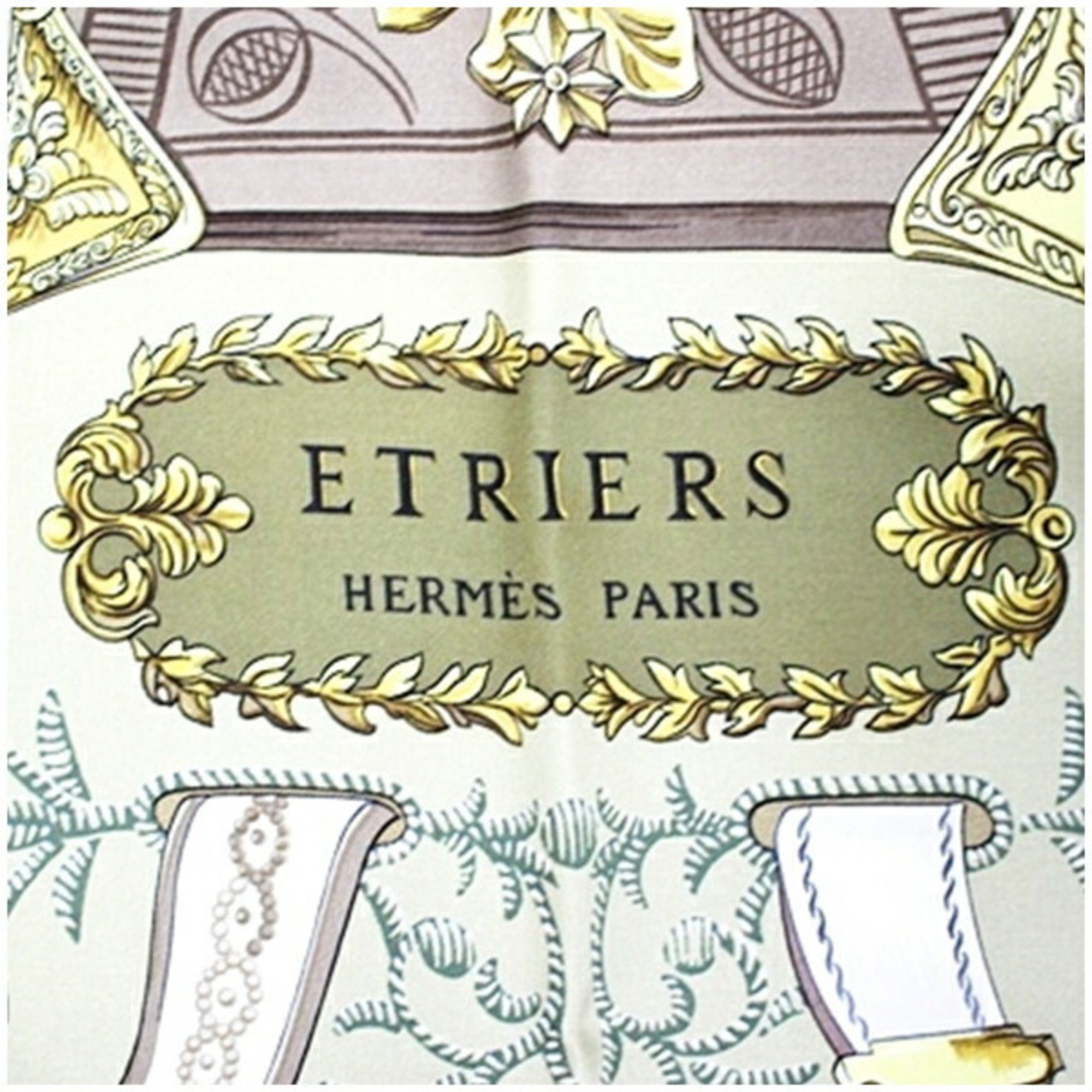 Hermes Silk Scarf Muffler Carre 90 "ETRIERS" Armor Pattern Horse Harness Khaki Women's