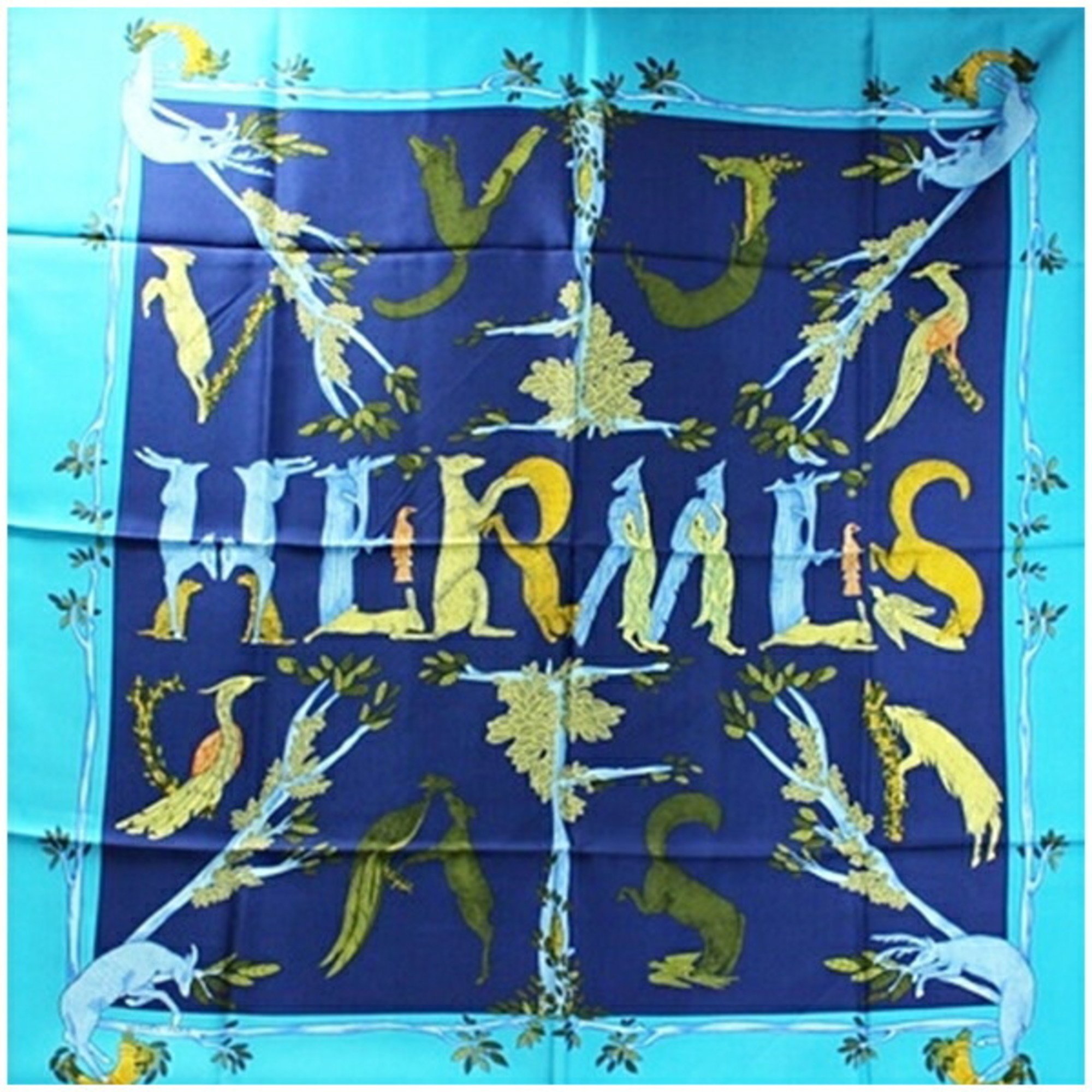 Hermes Carre 90 Silk Scarf Muffler Animal and Bird Pattern Navy Women's