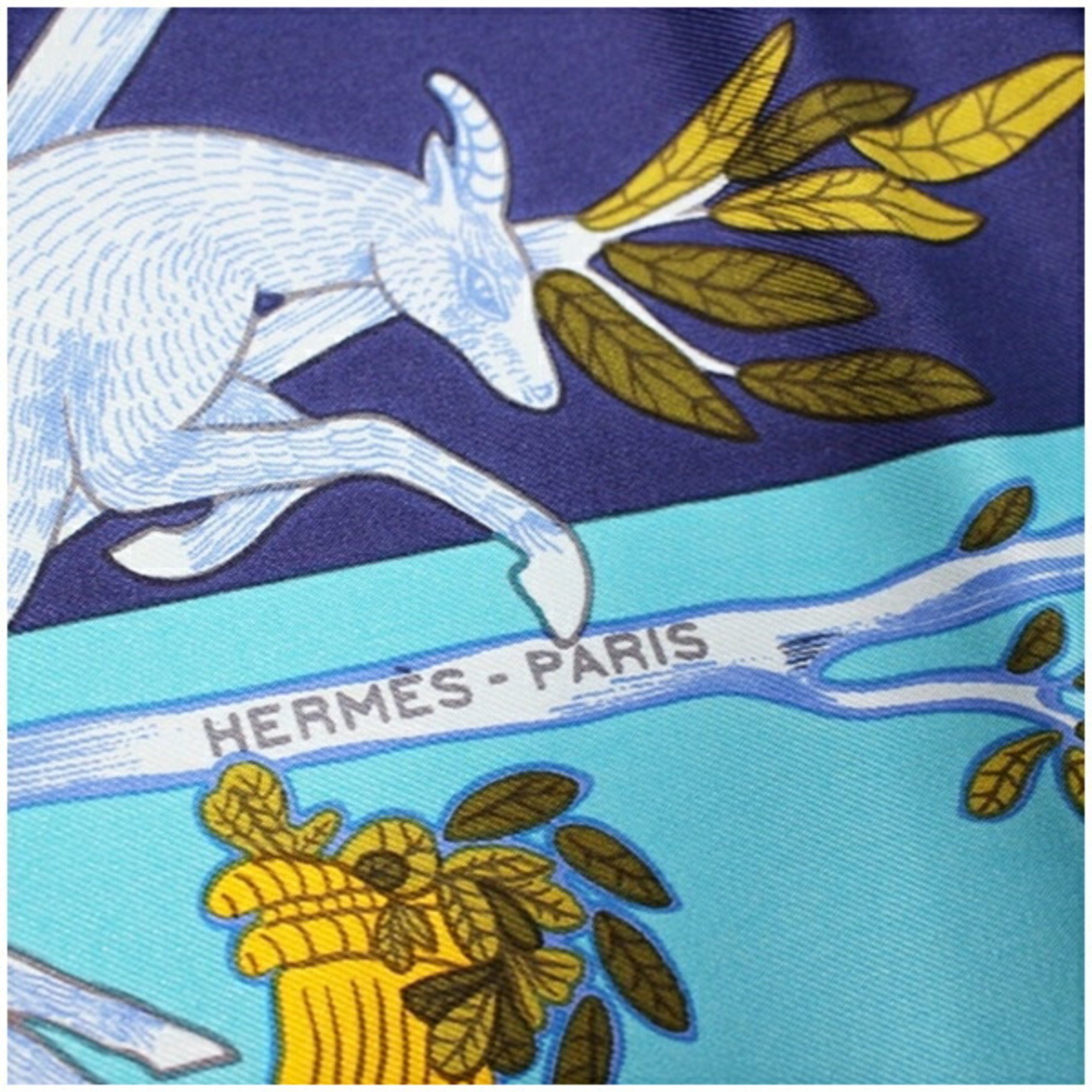 Hermes Carre 90 Silk Scarf Muffler Animal and Bird Pattern Navy Women's