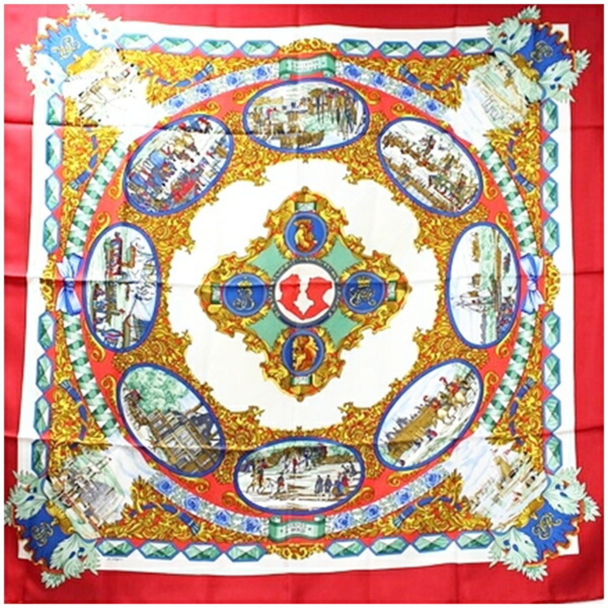 Hermes Silk Scarf Muffler Carre 90 "L'ENTENTE CORDIALE" Franco-British Alliance Red A Rank Women's