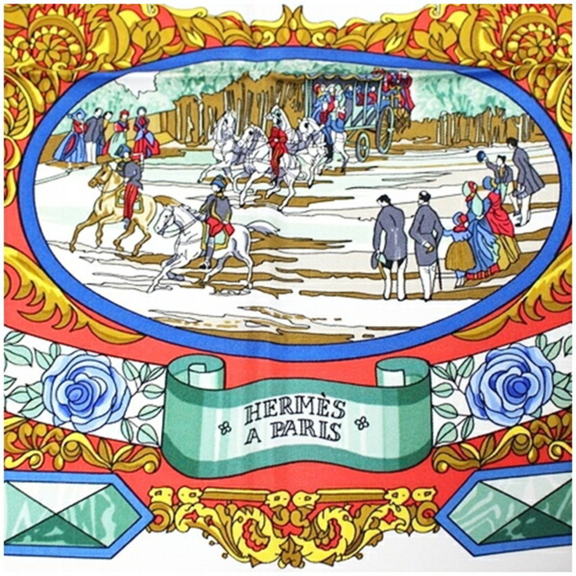 Hermes Silk Scarf Muffler Carre 90 "L'ENTENTE CORDIALE" Franco-British Alliance Red A Rank Women's