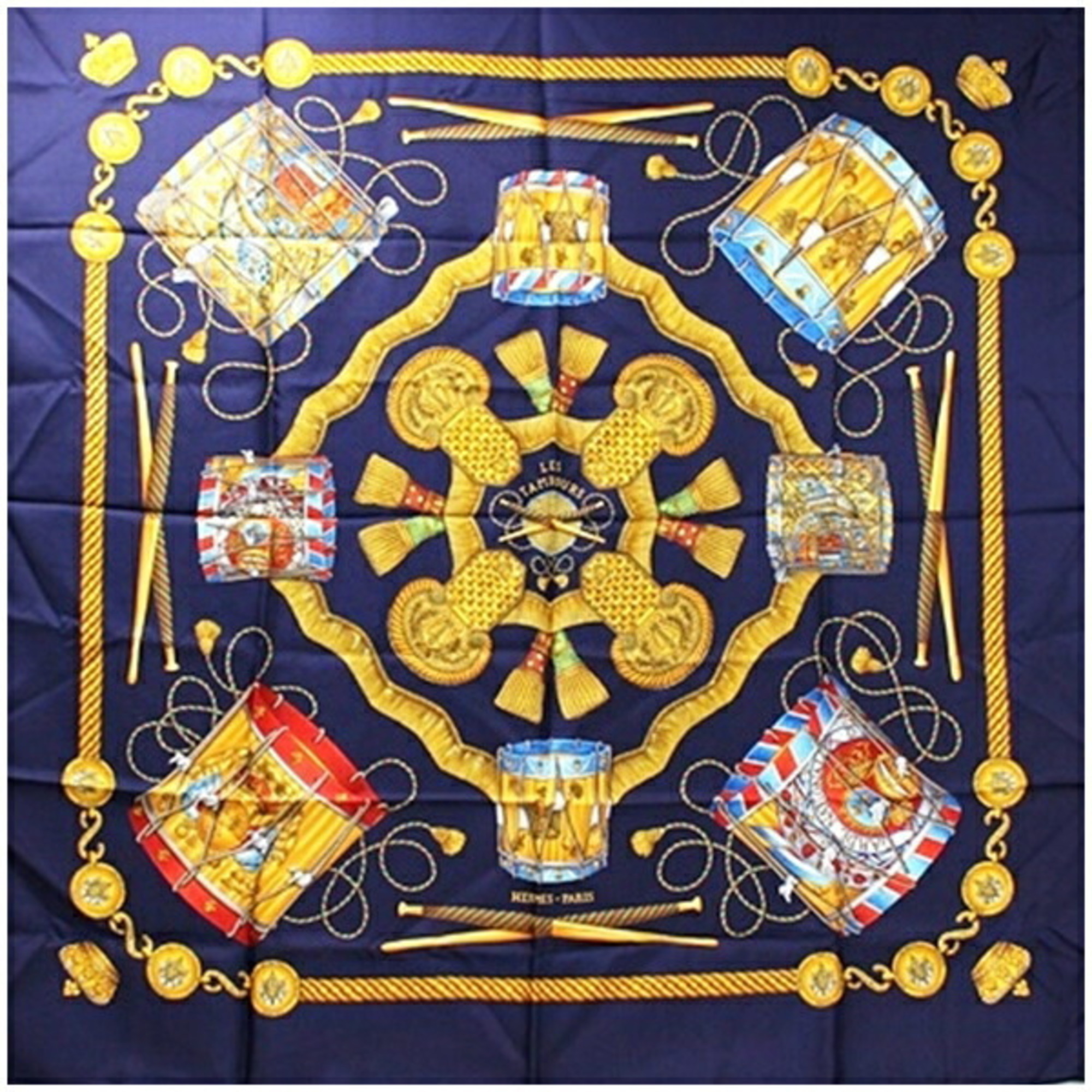 Hermes Carre 90 Scarf Muffler "LES TAMBOURS" Tambour Drum Navy Women's