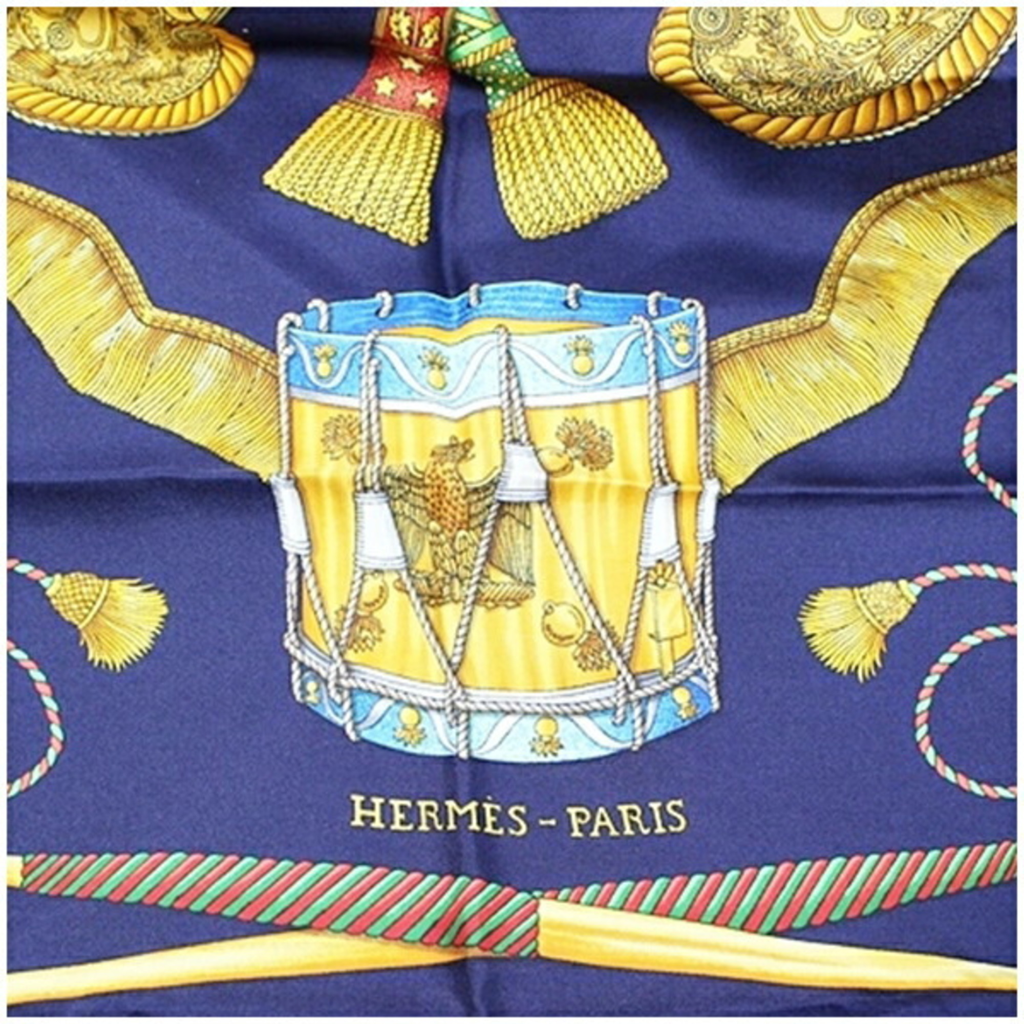 Hermes Carre 90 Scarf Muffler "LES TAMBOURS" Tambour Drum Navy Women's