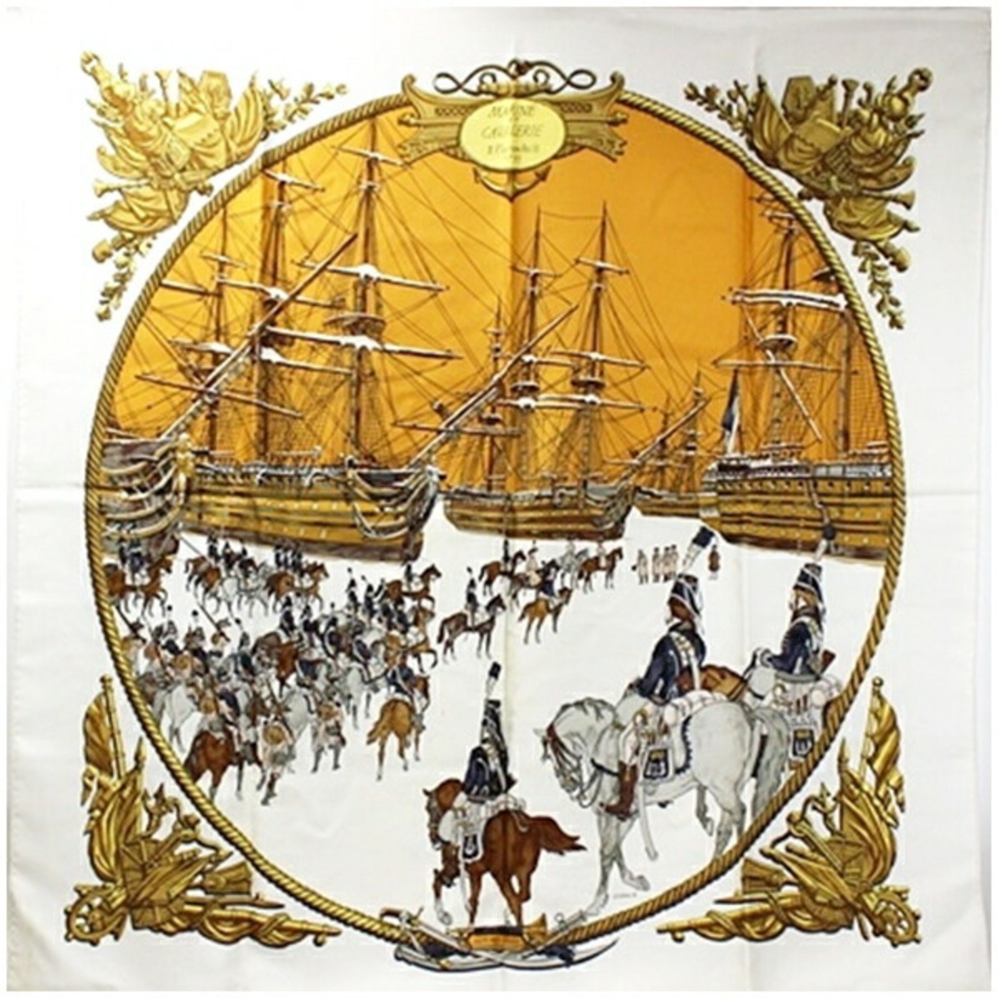 Hermes Scarf Muffler Carre 90 "MARINE ET CAVALERIE" Sea and Cavalry Off-White Women's