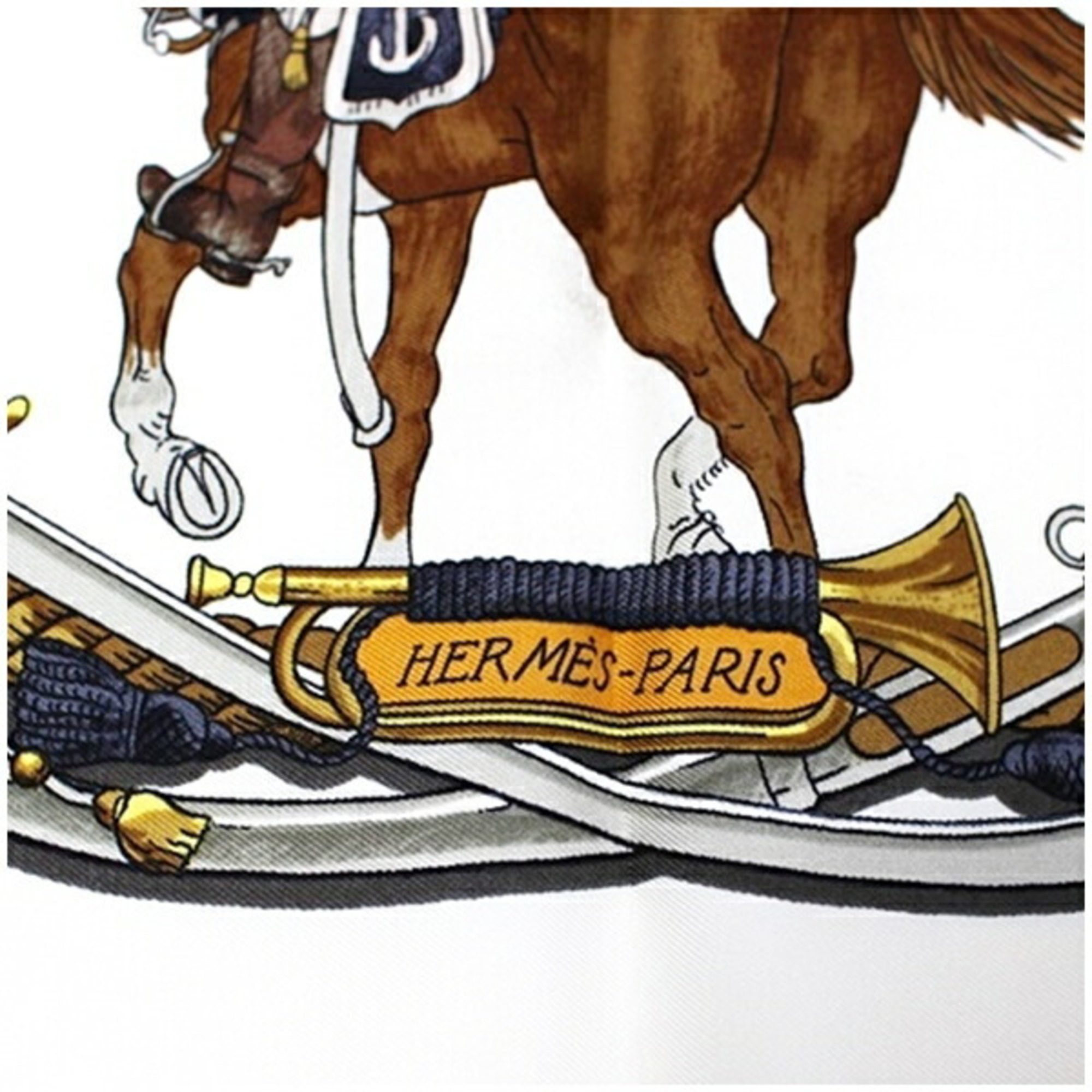 Hermes Scarf Muffler Carre 90 "MARINE ET CAVALERIE" Sea and Cavalry Off-White Women's