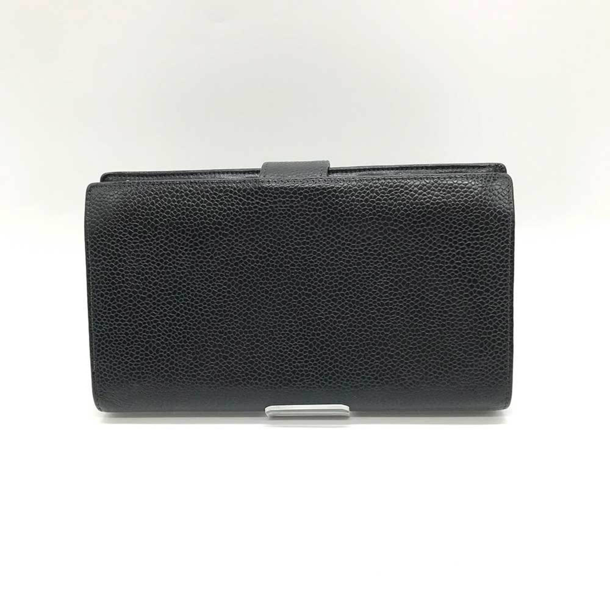 CHANEL Caviar Skin Leather Bi-fold Long Wallet Black