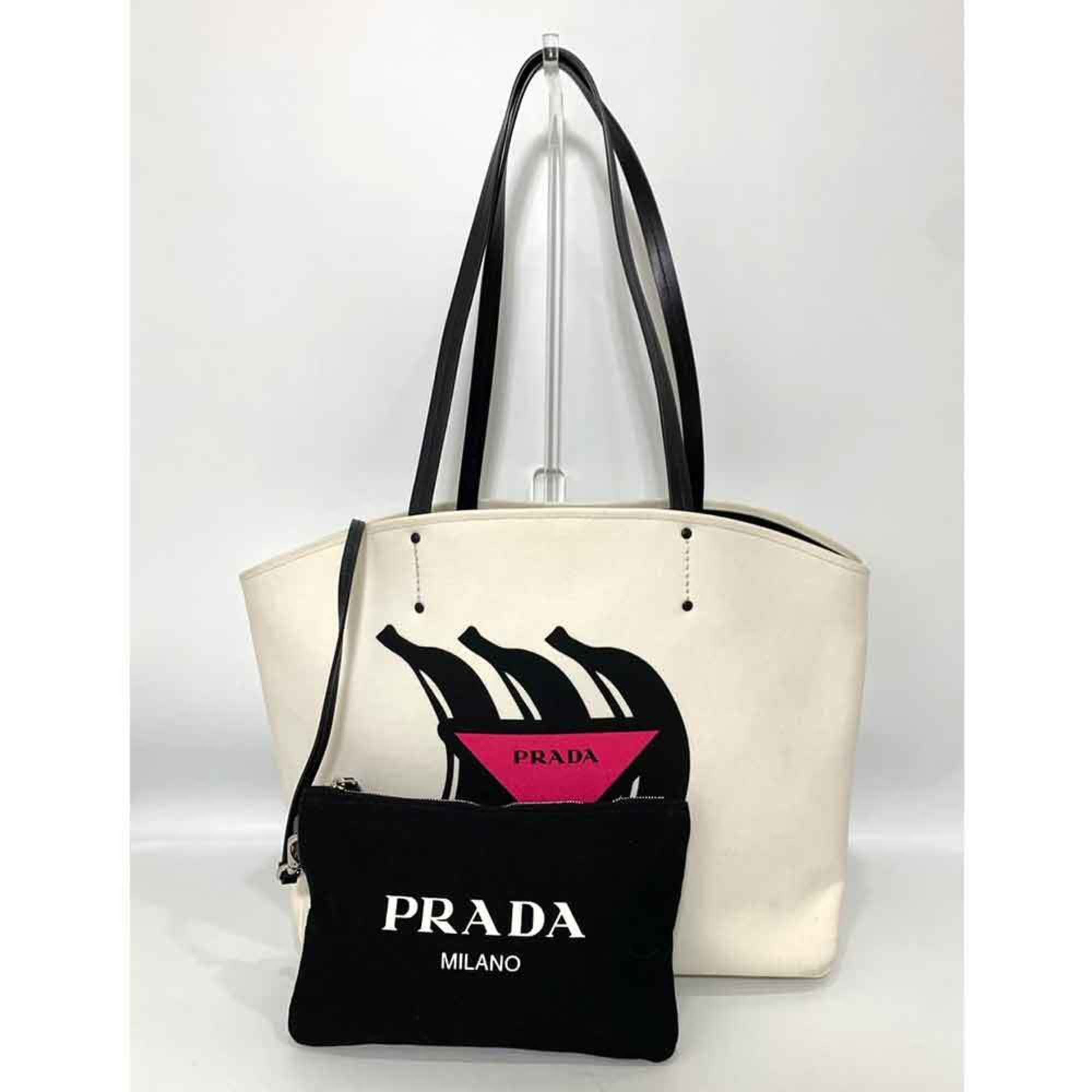 Prada Bag Tote White x Black Shoulder Banana Triangle Print Women's Canapa Canvas Leather 1BG220 PRADA