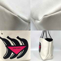 Prada Bag Tote White x Black Shoulder Banana Triangle Print Women's Canapa Canvas Leather 1BG220 PRADA