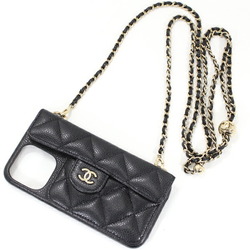 Chanel iPhone 13 PRO Cover with Chain Shoulder Strap Case Matelasse Caviar Skin Black Coco Mark Leather Women's CHANEL AP2689 T4950-y