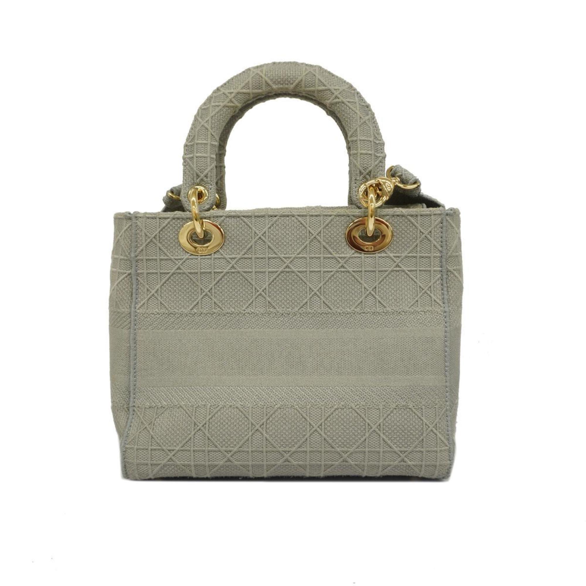 Christian Dior Handbag Cannage Lady D-Light Cotton Grey Champagne Women's