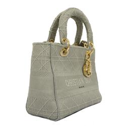 Christian Dior Handbag Cannage Lady D-Light Cotton Grey Champagne Women's