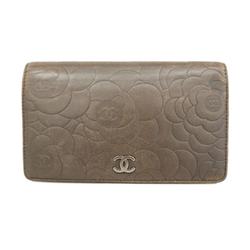Chanel Long Wallet Camellia Lambskin Khaki Grey Women's