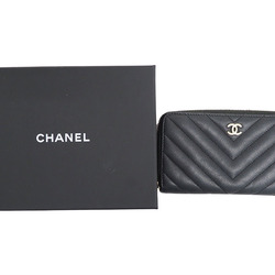 Chanel Medium Wallet Round Caviar Skin Chevron 27 Series Women's Silver CHANEL