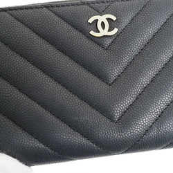 Chanel Medium Wallet Round Caviar Skin Chevron 27 Series Women's Silver CHANEL